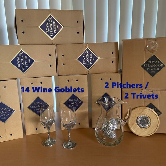 🌻 Vintage Royal Selangor "Sunflower" Pewter & Glass 18-Piece Goblet Set - Picture 2 of 6